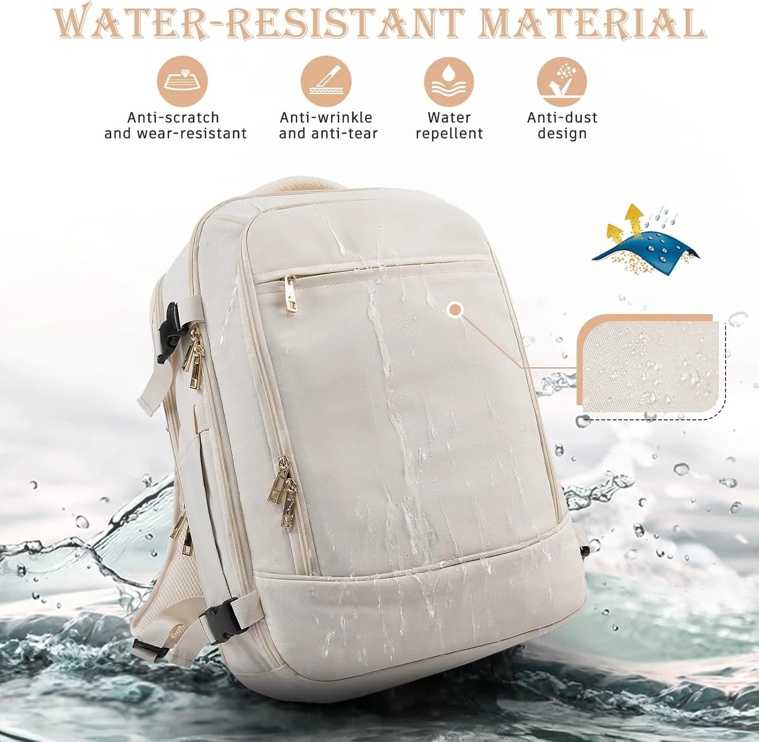 Large Travel Backpack for Men Women, TSA Friendly Airline-approved Carry on Backpack, 40L Casual Daypack Weekender Backpack Personal Item Size, Beige