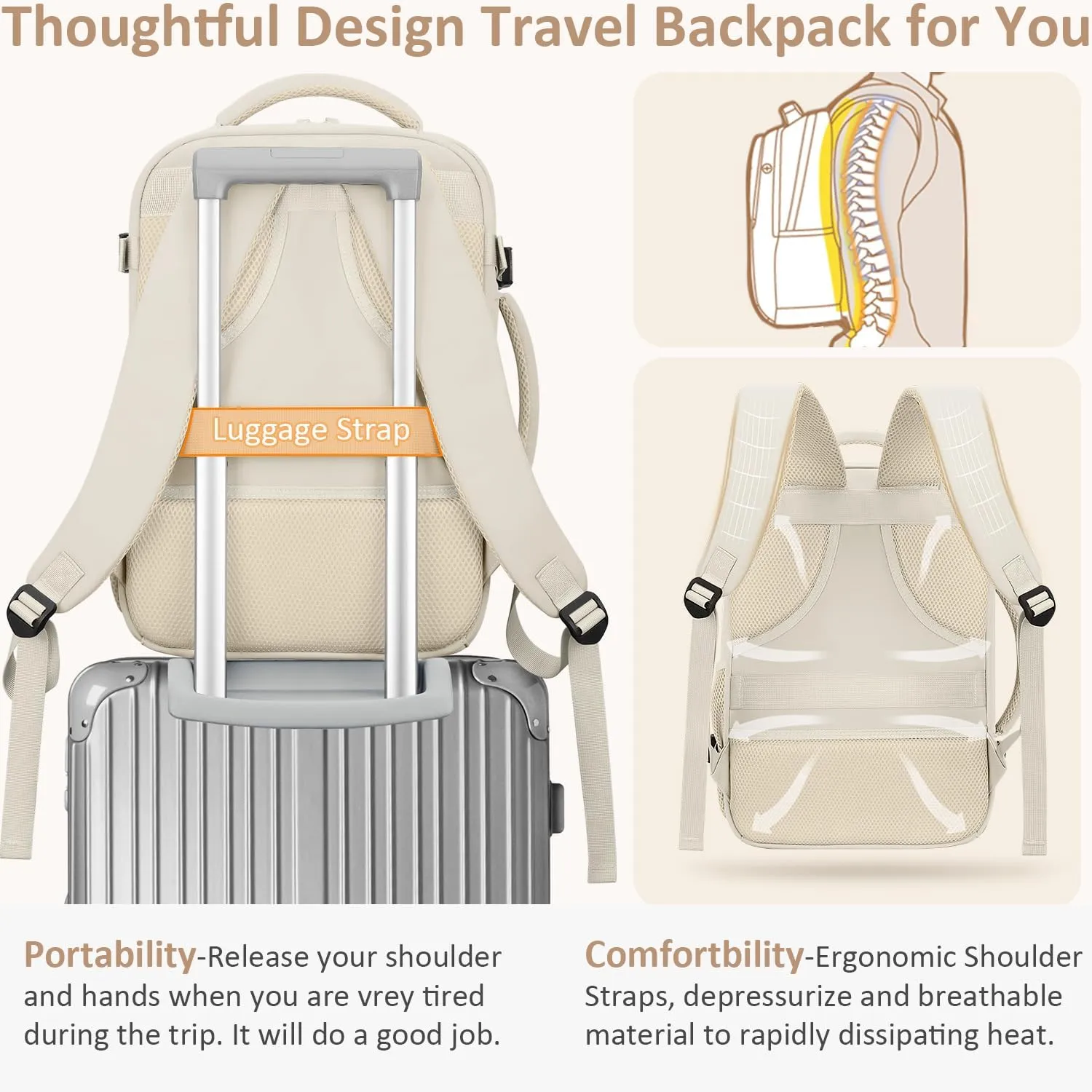 Large Travel Backpack for Women Personal Item for Airlines17 Inch Laptop Backpack College Business Work Weekender Hiking Travel Essentials Womens Travel Backpack Beige