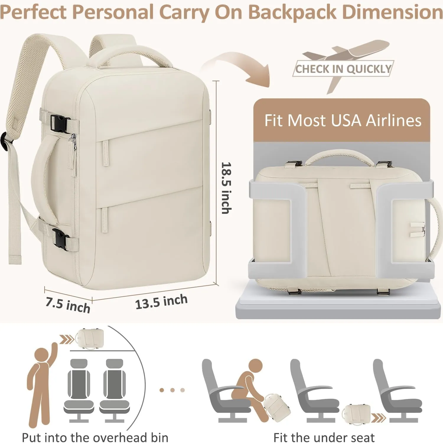 Large Travel Backpack for Women Personal Item for Airlines17 Inch Laptop Backpack College Business Work Weekender Hiking Travel Essentials Womens Travel Backpack Beige