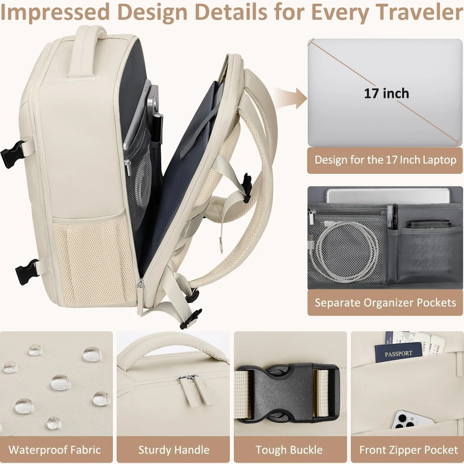 Large Travel Backpack for Women Personal Item for Airlines17 Inch Laptop Backpack College Business Work Weekender Hiking Travel Essentials Womens Travel Backpack Beige