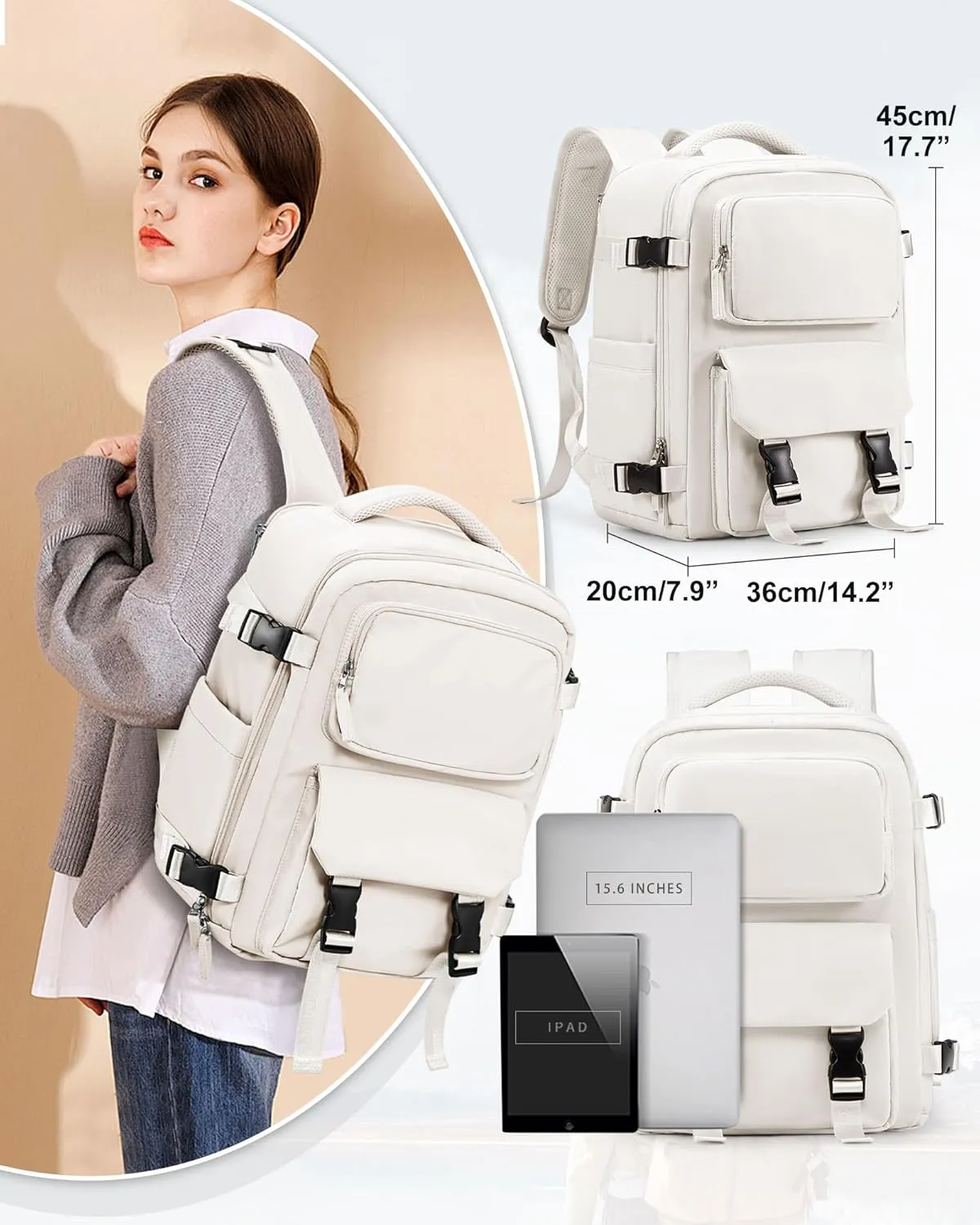 Large Travel Carry on Laptop Backpack for Women Men, Expandable Flight Approved Backpack, Waterproof Sports College bag Casual Daypack for Weekender Business Hiking with Beige