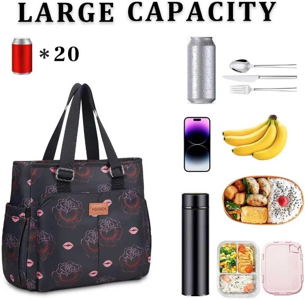 Large Women Lunch Bags for Work/Insulated Adult Lunch Box for Women/Leakproof Cooler Lunch Tote Bag with Storage Pocket. Reusable Lunch Cooler Purse for Work Picnic Hiking 14L,Black Rose
