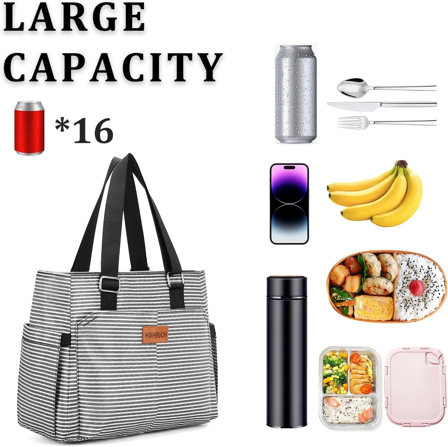 Large Women Lunch Bags/Insulated Adult Lunch Box/Leakproof Cooler Lunch Tote Bag with Storage Pocket. Reusable Lunch Purse for Work Picnic Hiking 12L, Stripe