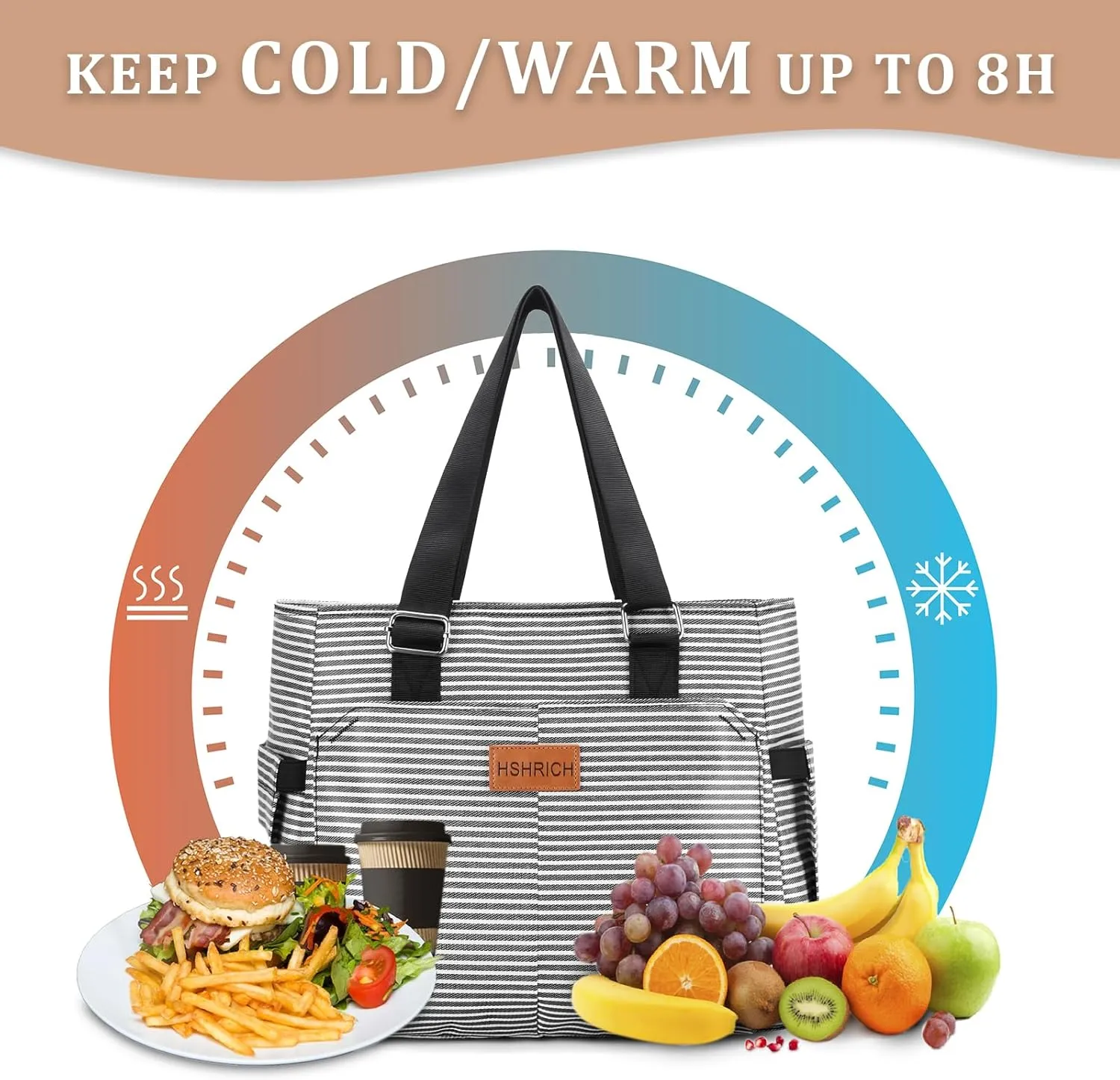 Large Women Lunch Bags/Insulated Adult Lunch Box/Leakproof Cooler Lunch Tote Bag with Storage Pocket. Reusable Lunch Purse for Work Picnic Hiking 12L, Stripe