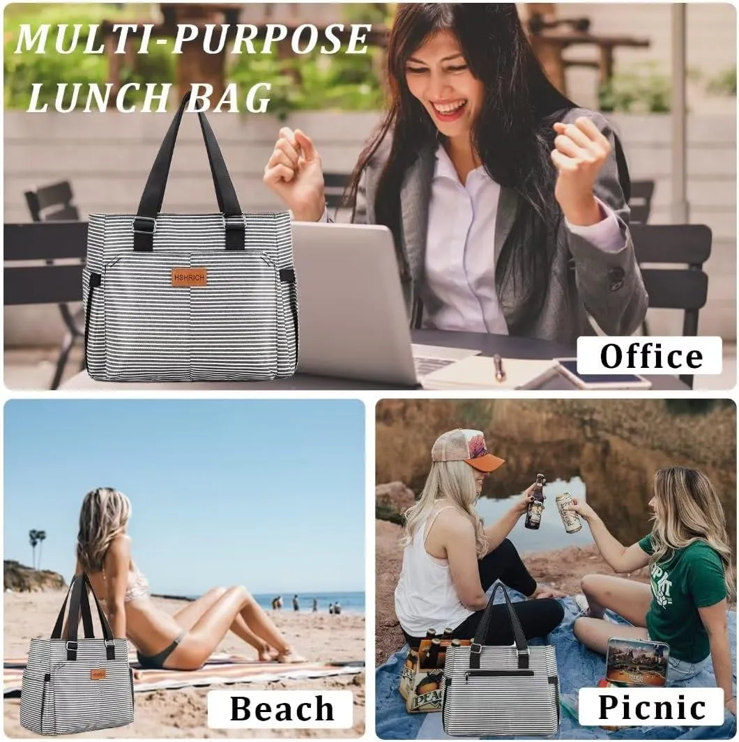 Large Women Lunch Bags/Insulated Adult Lunch Box/Leakproof Cooler Lunch Tote Bag with Storage Pocket. Reusable Lunch Purse for Work Picnic Hiking 12L, Stripe