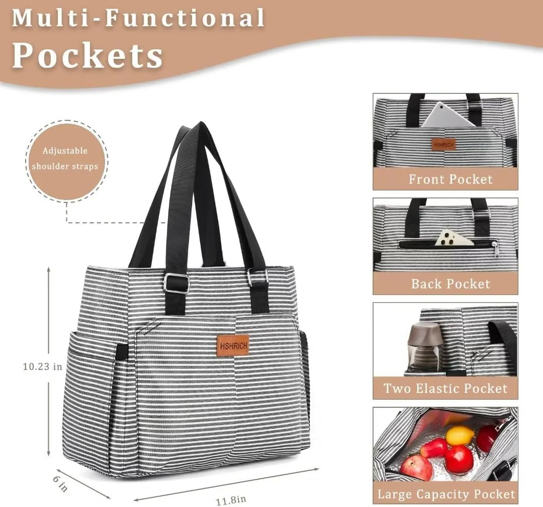 Large Women Lunch Bags/Insulated Adult Lunch Box/Leakproof Cooler Lunch Tote Bag with Storage Pocket. Reusable Lunch Purse for Work Picnic Hiking 12L, Stripe