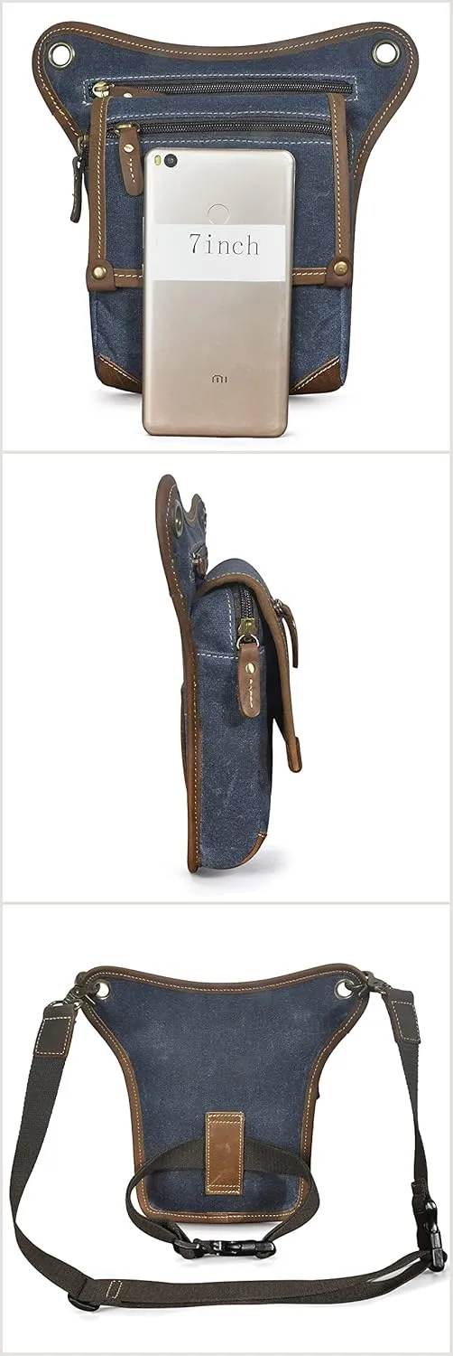 Le'aokuu Mens Canvas And Genuine Leather Messenger Waterproof Hiking Waist Hip Bum Pack Drop Leg Bag 211-4 (Blue)