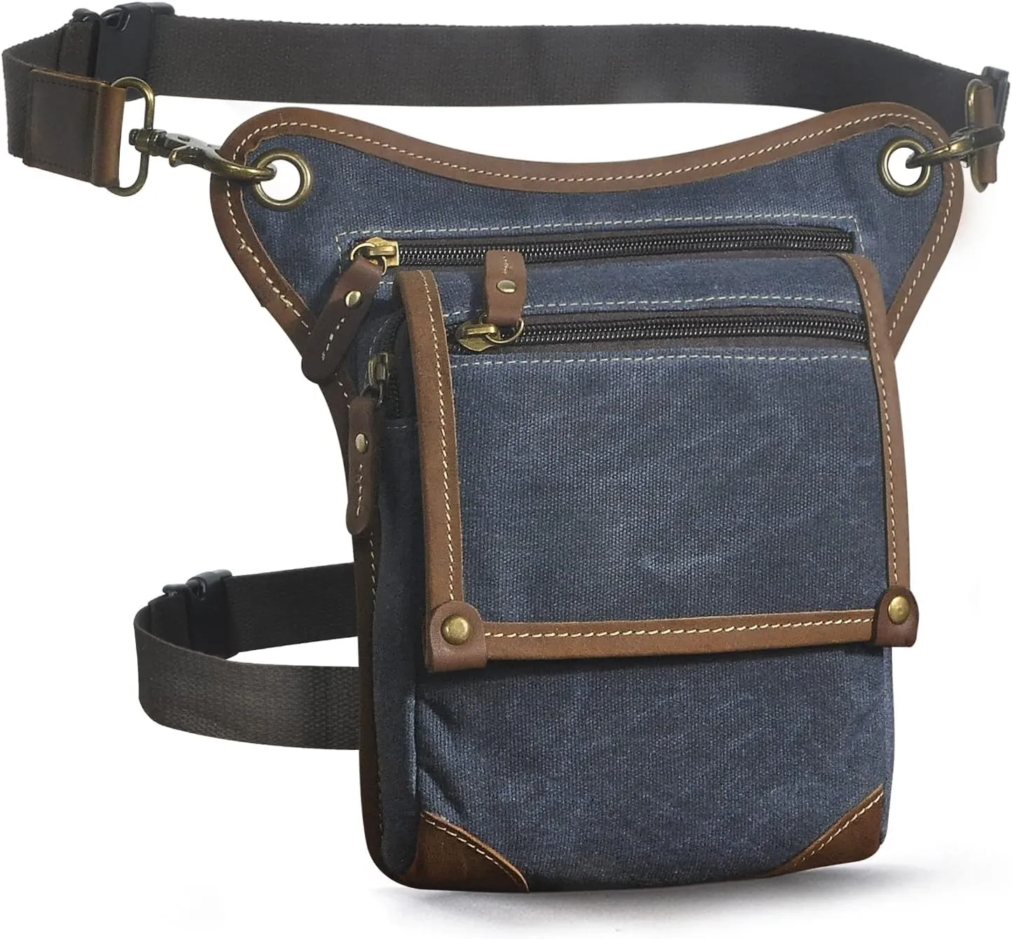 Le'aokuu Mens Canvas And Genuine Leather Messenger Waterproof Hiking Waist Hip Bum Pack Drop Leg Bag 211-4 (Blue)