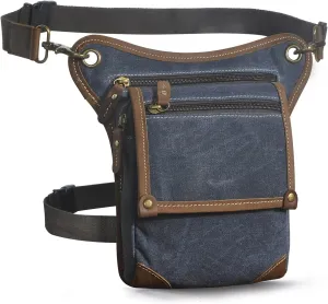 Le'aokuu Mens Canvas And Genuine Leather Messenger Waterproof Hiking Waist Hip Bum Pack Drop Leg Bag 211-4 (Blue)