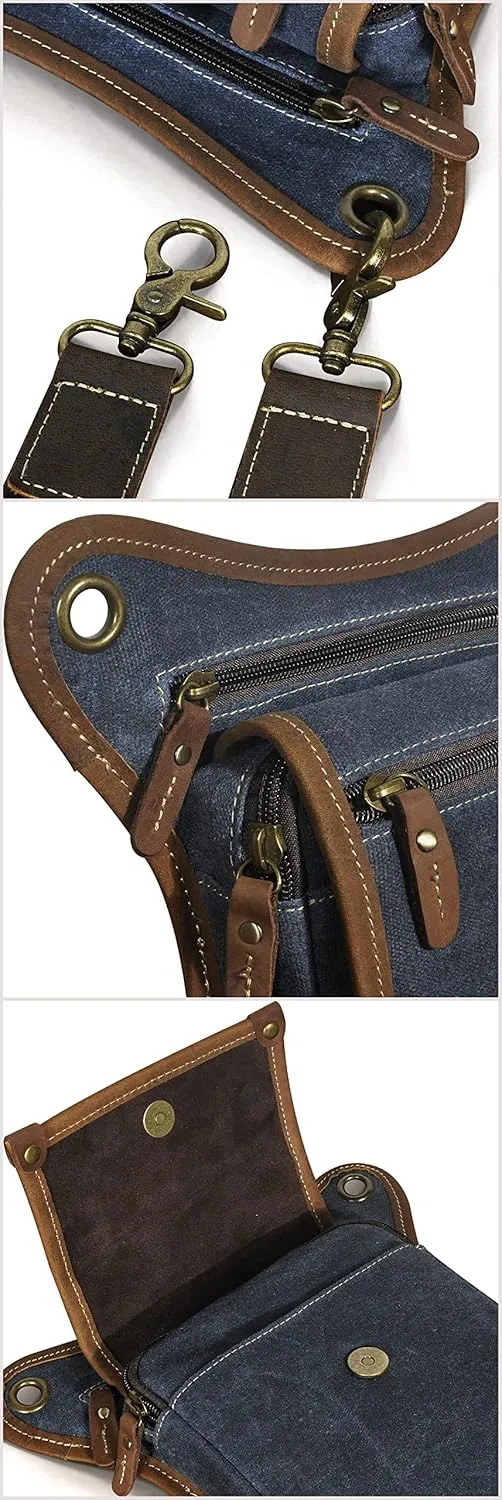 Le'aokuu Mens Canvas And Genuine Leather Messenger Waterproof Hiking Waist Hip Bum Pack Drop Leg Bag 211-4 (Blue)