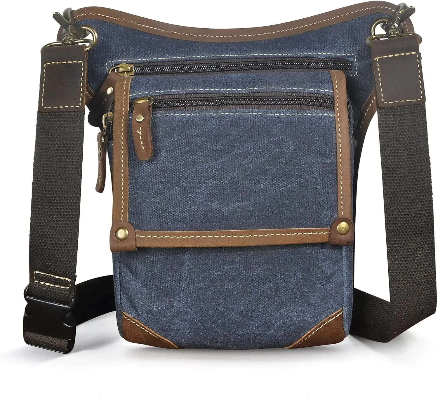 Le'aokuu Mens Canvas And Genuine Leather Messenger Waterproof Hiking Waist Hip Bum Pack Drop Leg Bag 211-4 (Blue)