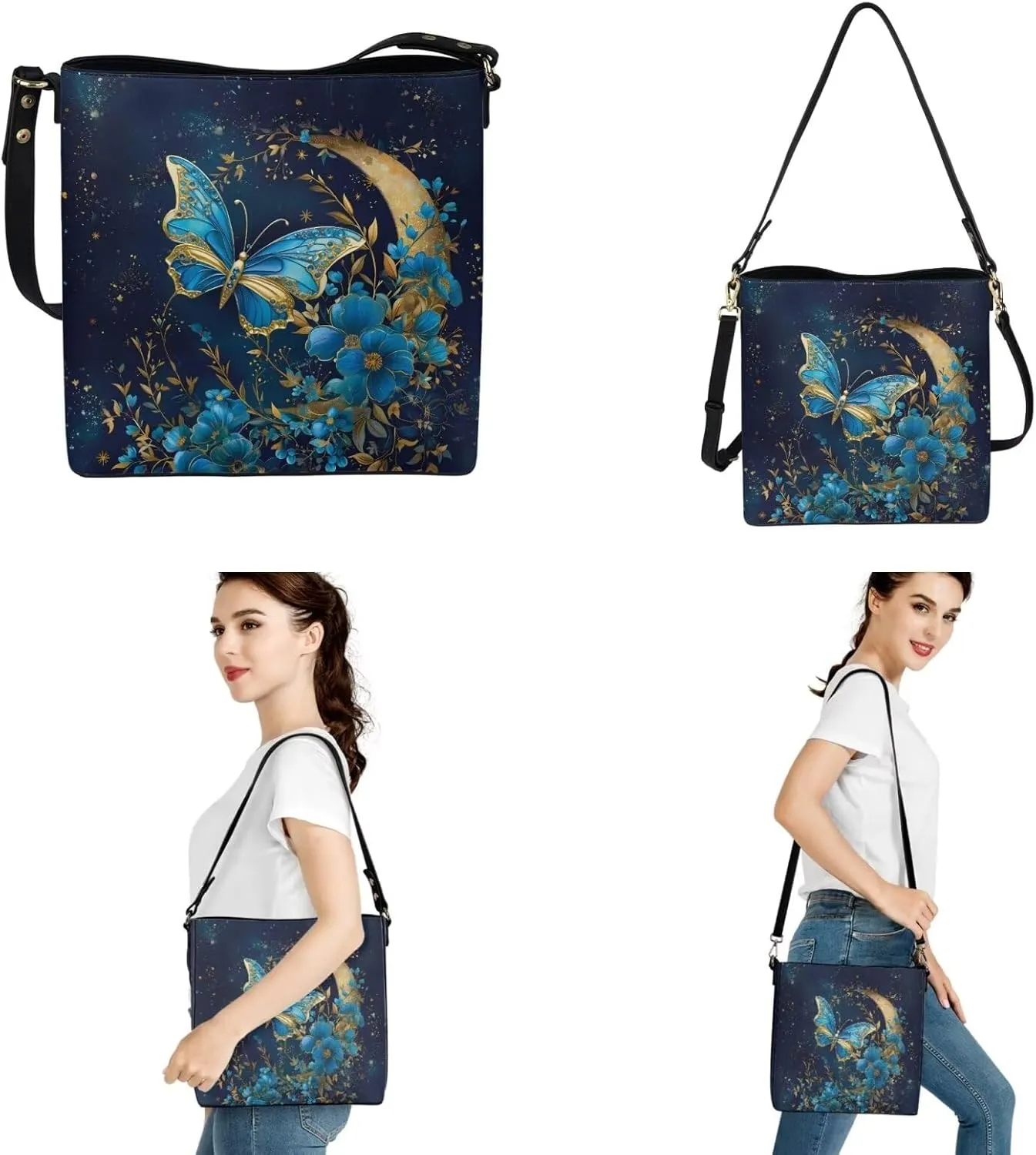 Leather Bucket Bag with Ladies Wallet 2Pcs Set Shoulder Bag Crossbody Bag with Detachable Strap for Women
