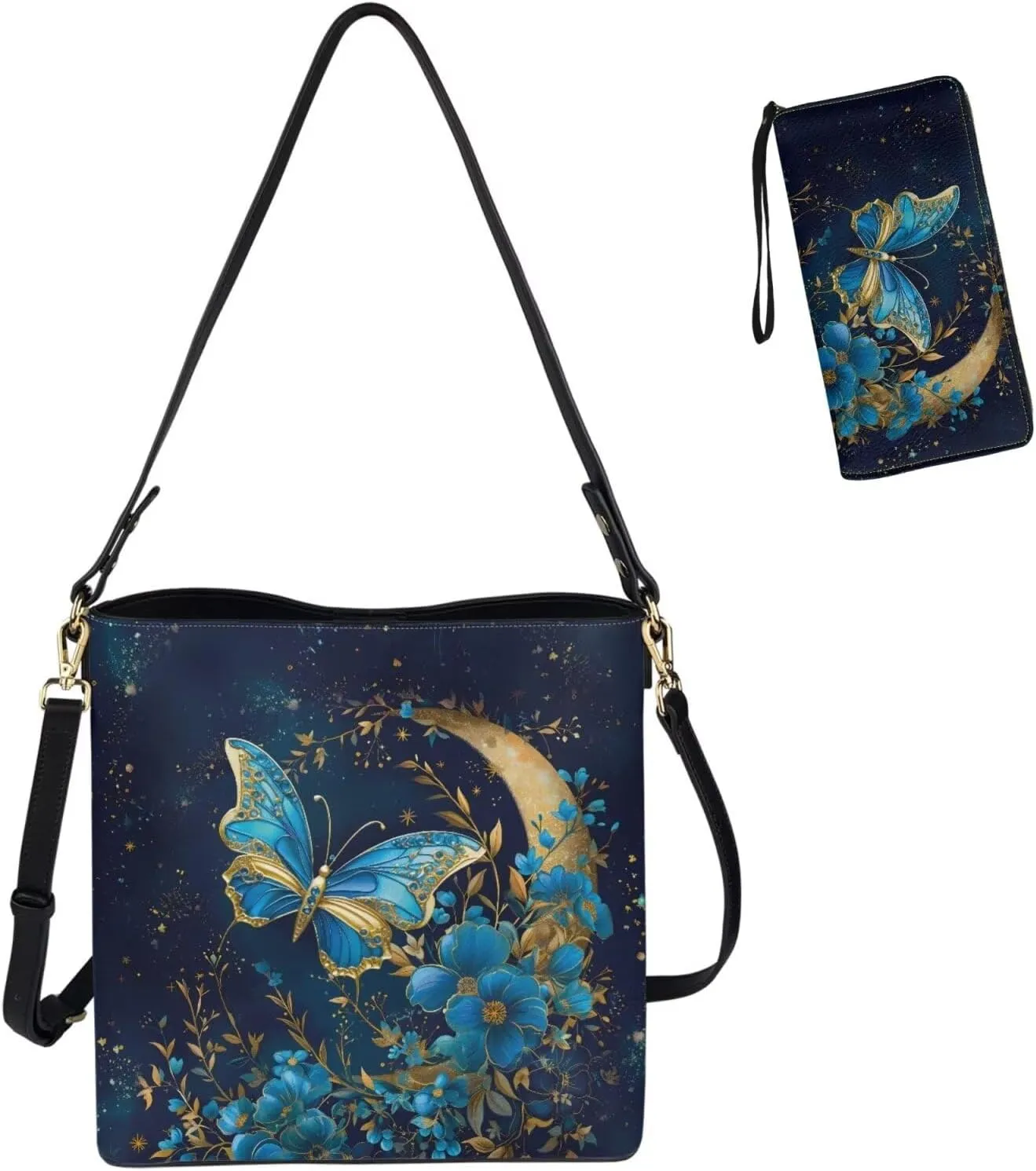 Leather Bucket Bag with Ladies Wallet 2Pcs Set Shoulder Bag Crossbody Bag with Detachable Strap for Women
