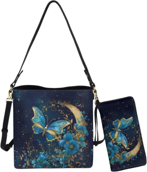 Leather Bucket Bag with Ladies Wallet 2Pcs Set Shoulder Bag Crossbody Bag with Detachable Strap for Women