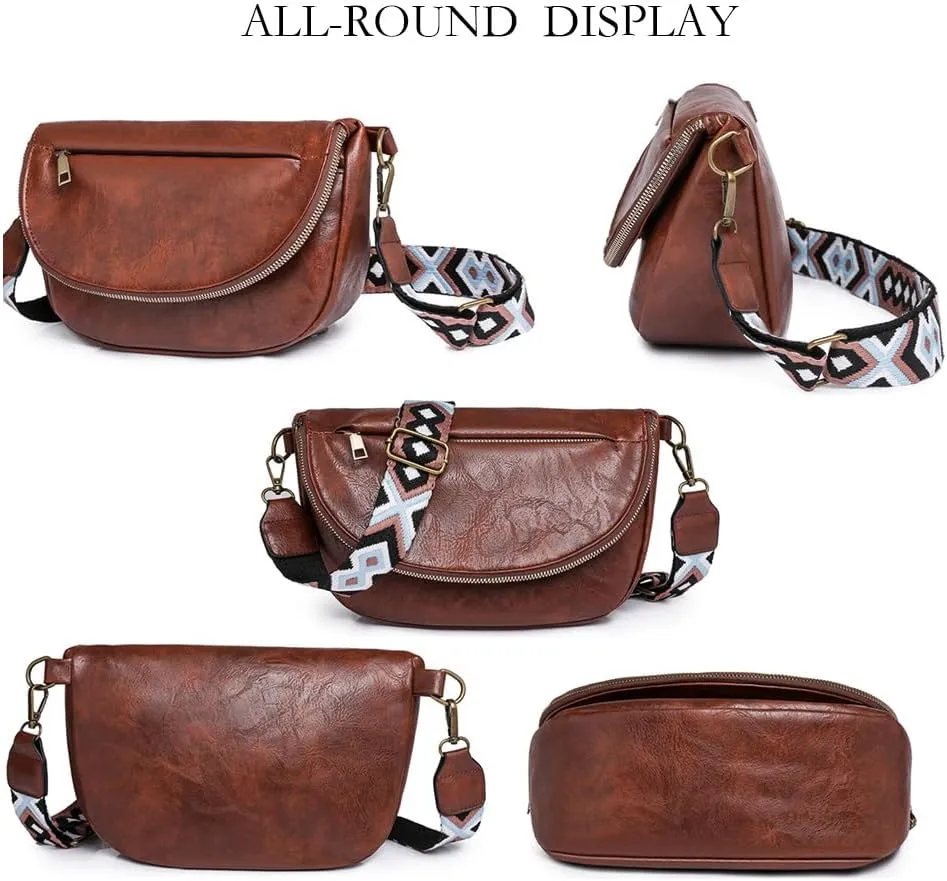 Leather Fanny Pack Crossbody Sling Bags for Women Vintage Shoulder Chest Bag with Guitar Strap Designer Waist Belt Bag (Deep Brown)