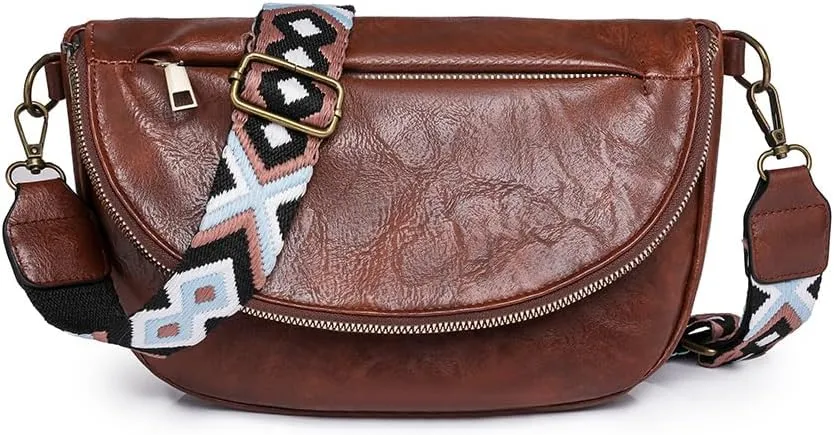 Leather Fanny Pack Crossbody Sling Bags for Women Vintage Shoulder Chest Bag with Guitar Strap Designer Waist Belt Bag (Deep Brown)