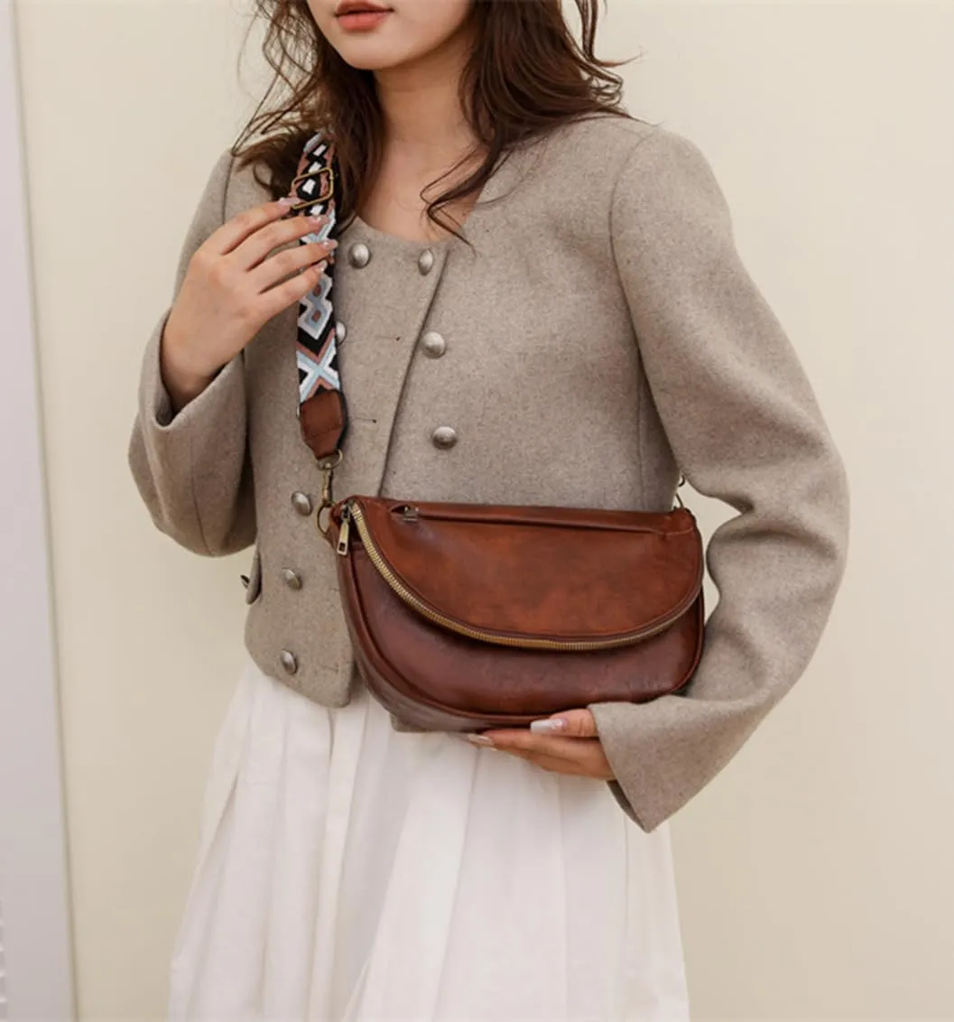 Leather Fanny Pack Crossbody Sling Bags for Women Vintage Shoulder Chest Bag with Guitar Strap Designer Waist Belt Bag (Deep Brown)