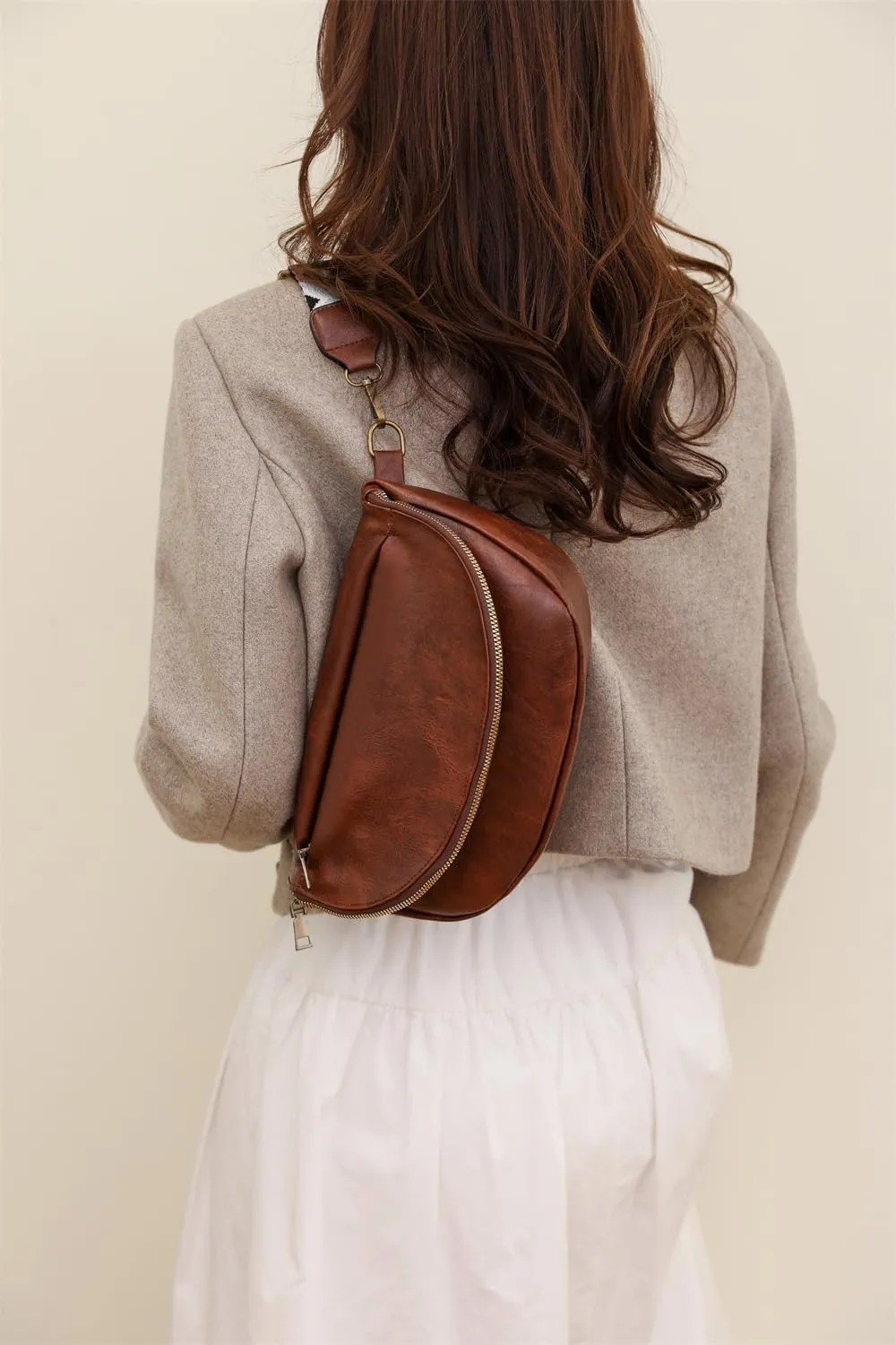 Leather Fanny Pack Crossbody Sling Bags for Women Vintage Shoulder Chest Bag with Guitar Strap Designer Waist Belt Bag (Deep Brown)