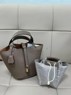 Leather Lock Design Bucket Bag Vegetable Basket Fashionable Versatile Single Shoulder Handbag Work Tote Bag