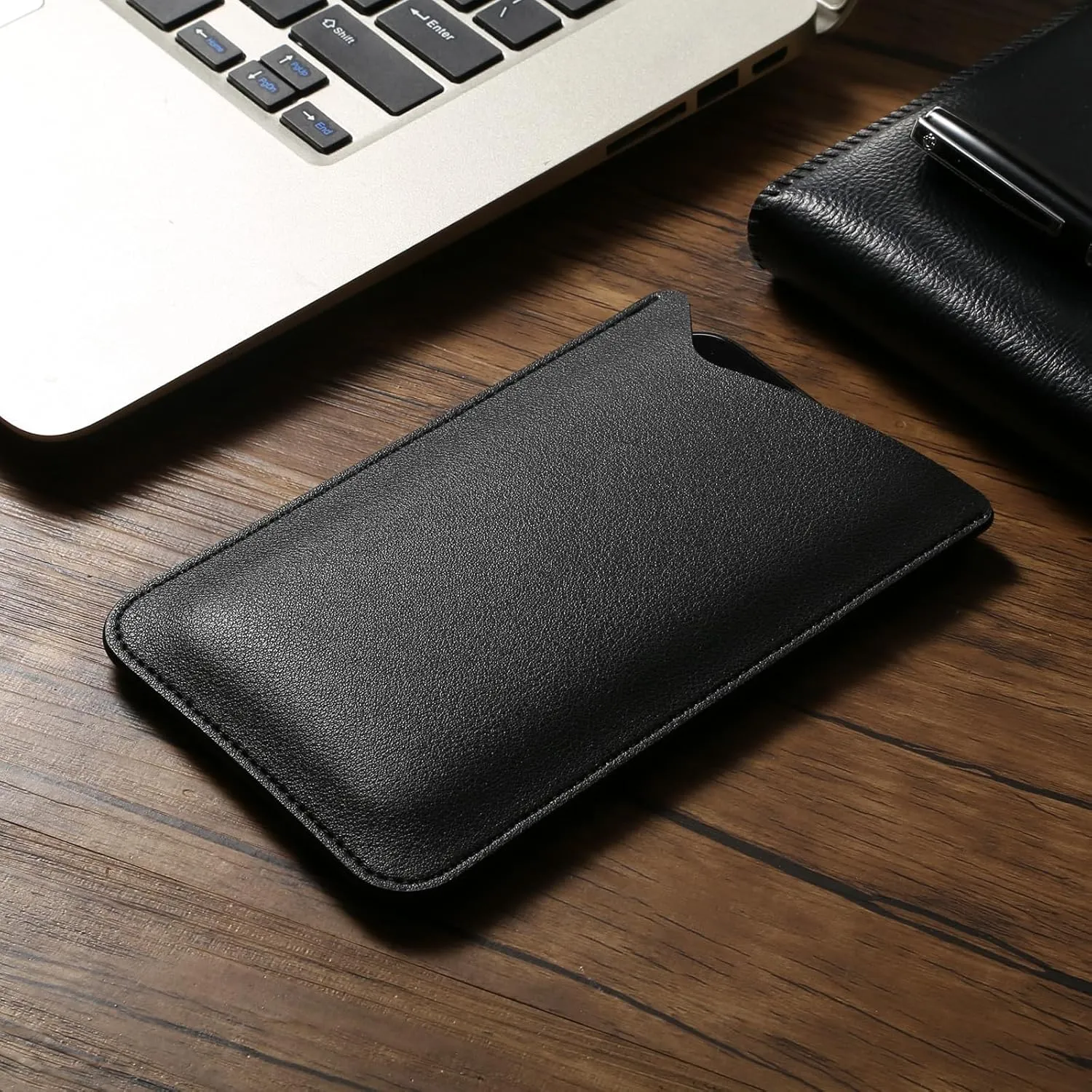 Leather Phone Pouch for Women Men, Leather Thin Cell Phone Cases, 6.5" Universal Smartphone Holster Cellphone Privacy Protection Phone Sleeve Purse Wallet Handbag for iPhone 15 14 13 12 Pro Max, Black