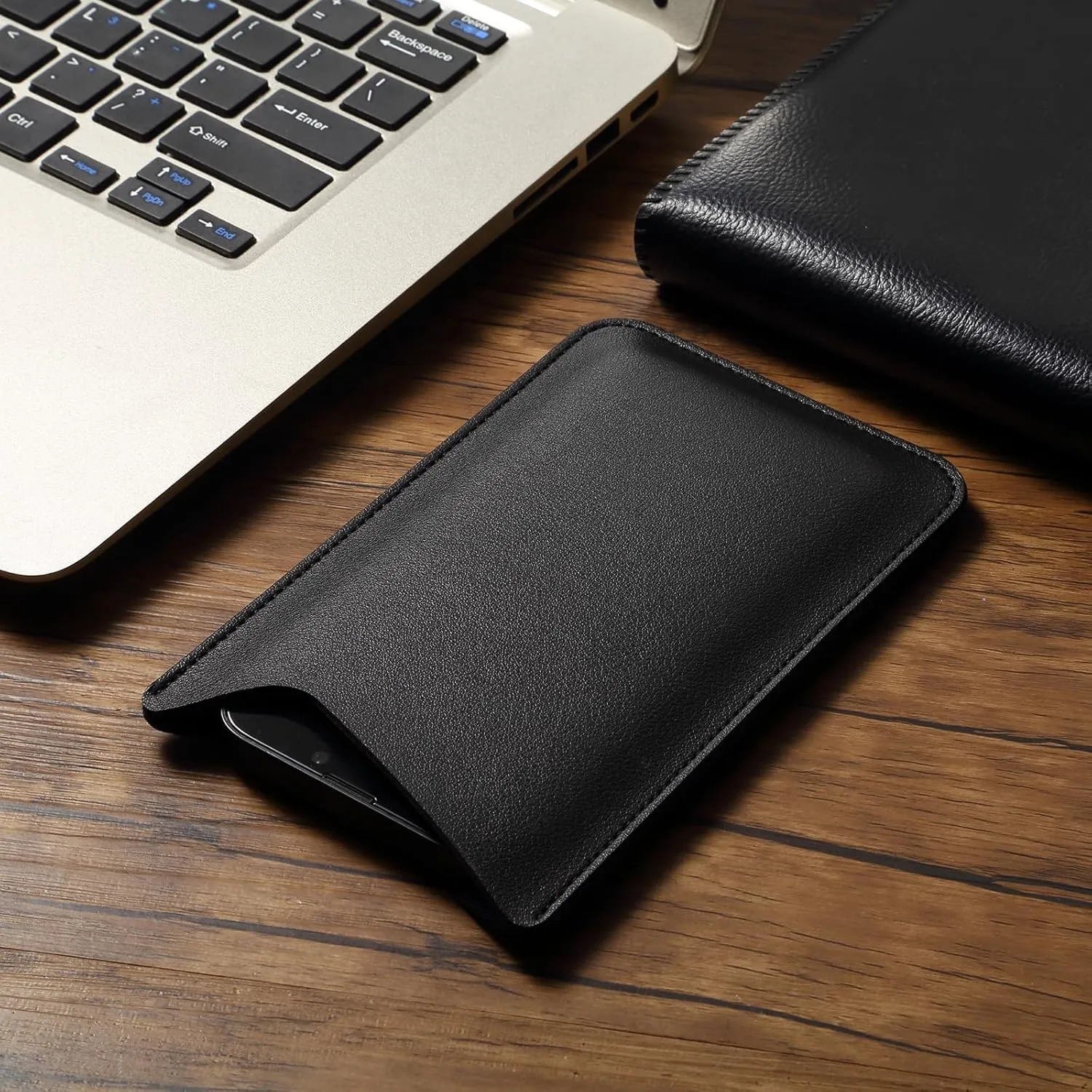 Leather Phone Pouch for Women Men, Leather Thin Cell Phone Cases, 6.5" Universal Smartphone Holster Cellphone Privacy Protection Phone Sleeve Purse Wallet Handbag for iPhone 15 14 13 12 Pro Max, Black