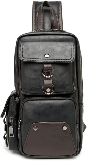 Leather Sling Bag Backpack for Men Women Cross Body Shoulder Chest Pack Outdoor Travel Camping Fishing Hunting Hiking Handbag Crossbody Daypack Black