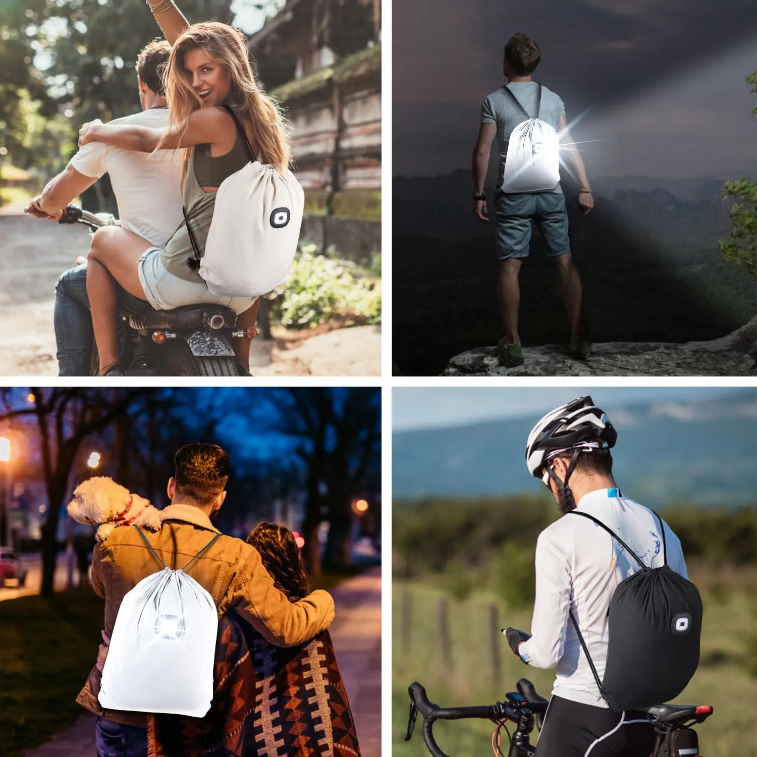 LED Drawstring Backpack Bag with Light String Bag Sackpack Women Men Gifts for Gym Beach Travel Camping (Beige)