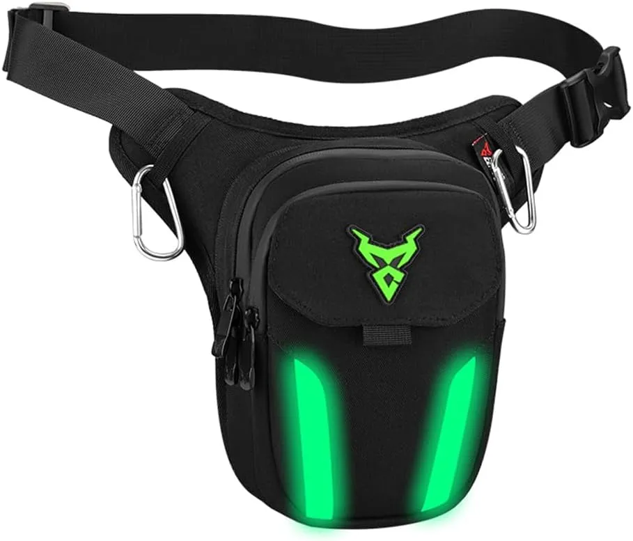 LED Red Light Motorcycle Leg Bag Thigh Belt Hip Bum Waterproof Ride Cycling Biker Waist Bag Fanny Pack Moto Travel Hiking Pocket (Green)