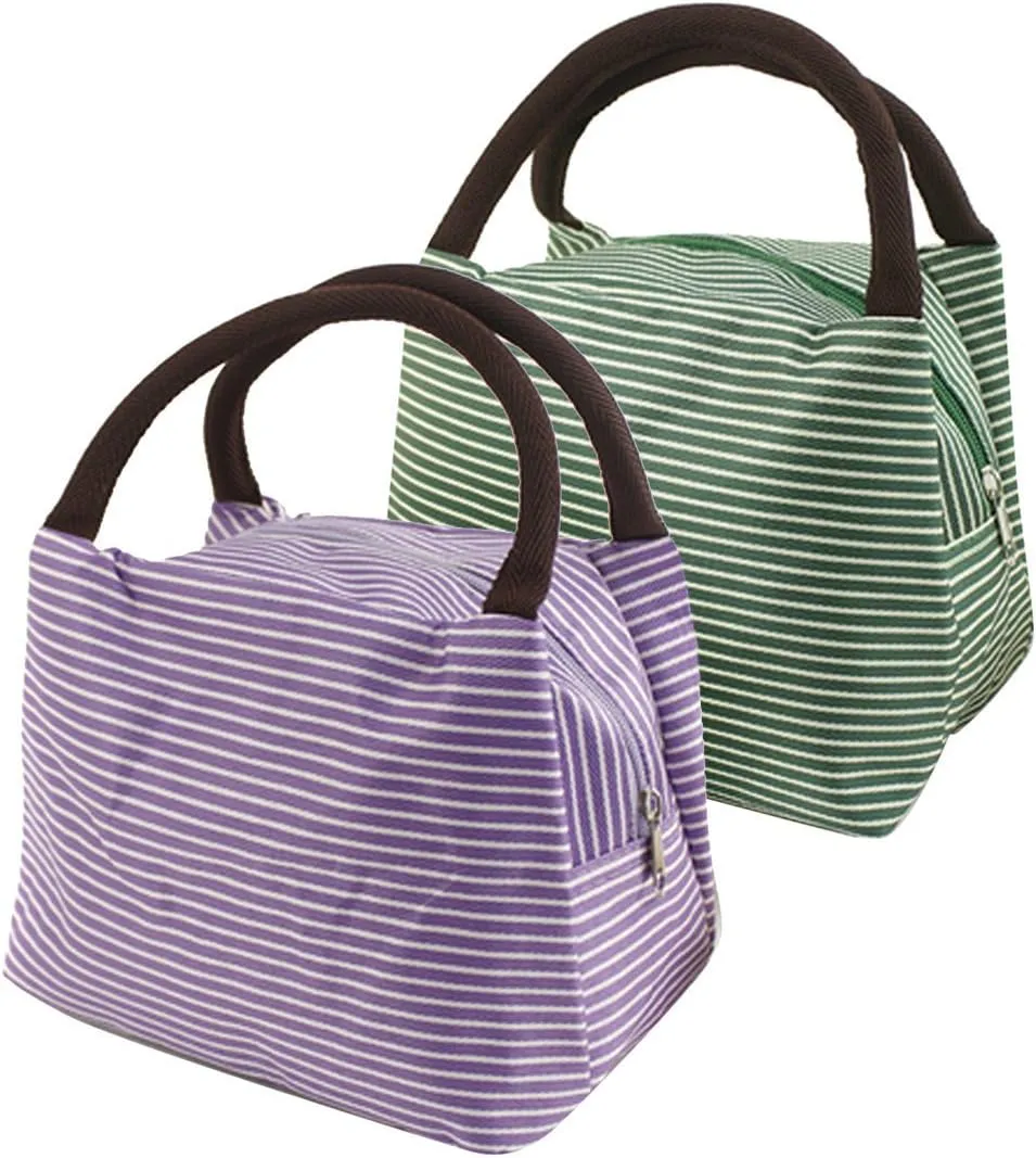 LEFV™ Lunch Bags Solid Useful Linen Cotton Stripe Fashion Tote Bag Grocery Handbag Travel Organizer Box Case Container Sundry Shopping Makeup Bags with Zipper, Green