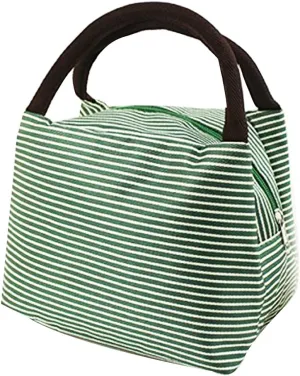 LEFV™ Lunch Bags Solid Useful Linen Cotton Stripe Fashion Tote Bag Grocery Handbag Travel Organizer Box Case Container Sundry Shopping Makeup Bags with Zipper, Green