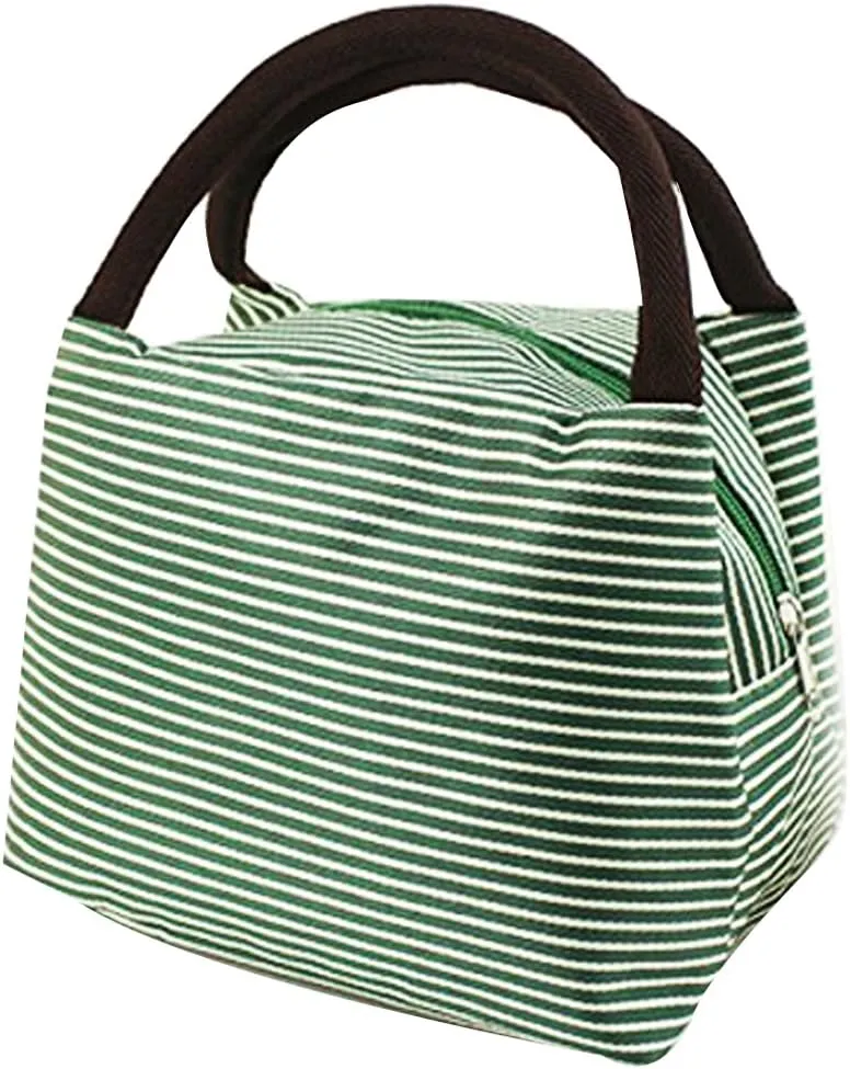 LEFV™ Lunch Bags Solid Useful Linen Cotton Stripe Fashion Tote Bag Grocery Handbag Travel Organizer Box Case Container Sundry Shopping Makeup Bags with Zipper, Green