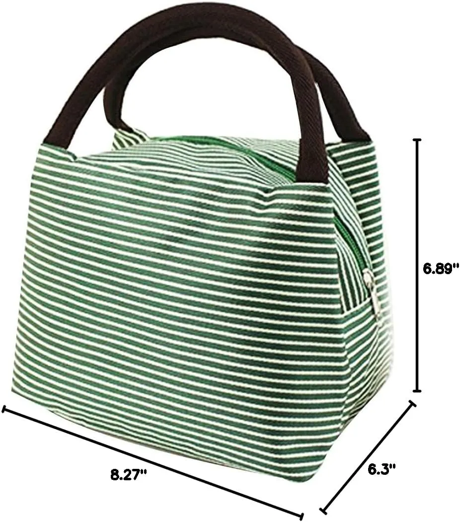 LEFV™ Lunch Bags Solid Useful Linen Cotton Stripe Fashion Tote Bag Grocery Handbag Travel Organizer Box Case Container Sundry Shopping Makeup Bags with Zipper, Green