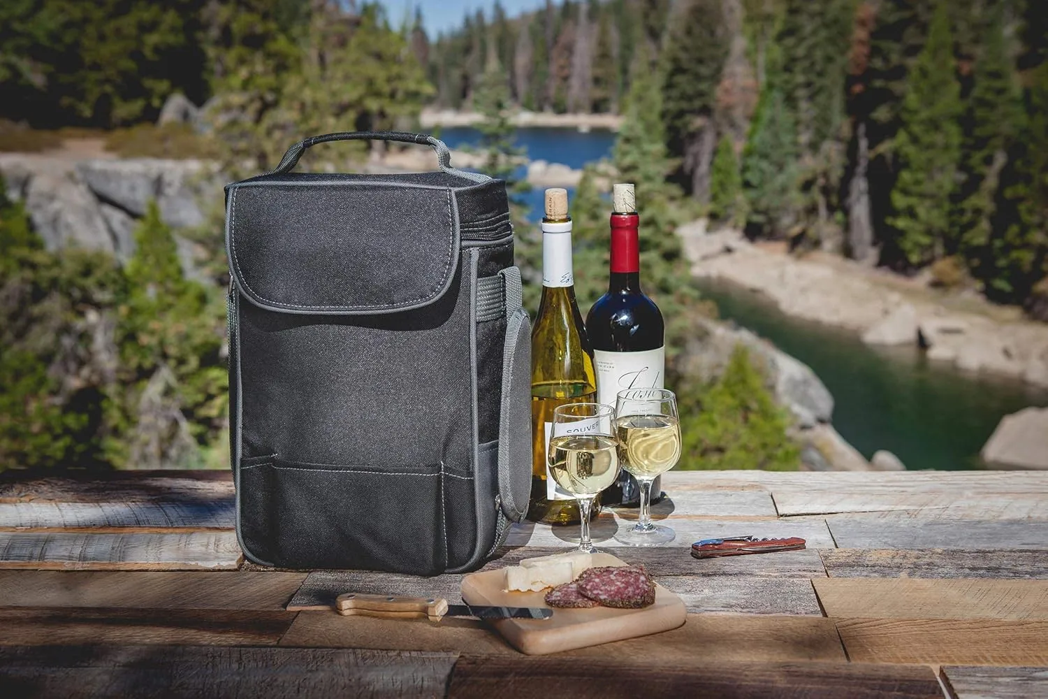 LEGACY - a Picnic Time Brand Duet Wine and Cheese Tote, Insulated Bottle Carrier Bag with Wooden Board, (Black with Gray Accents)