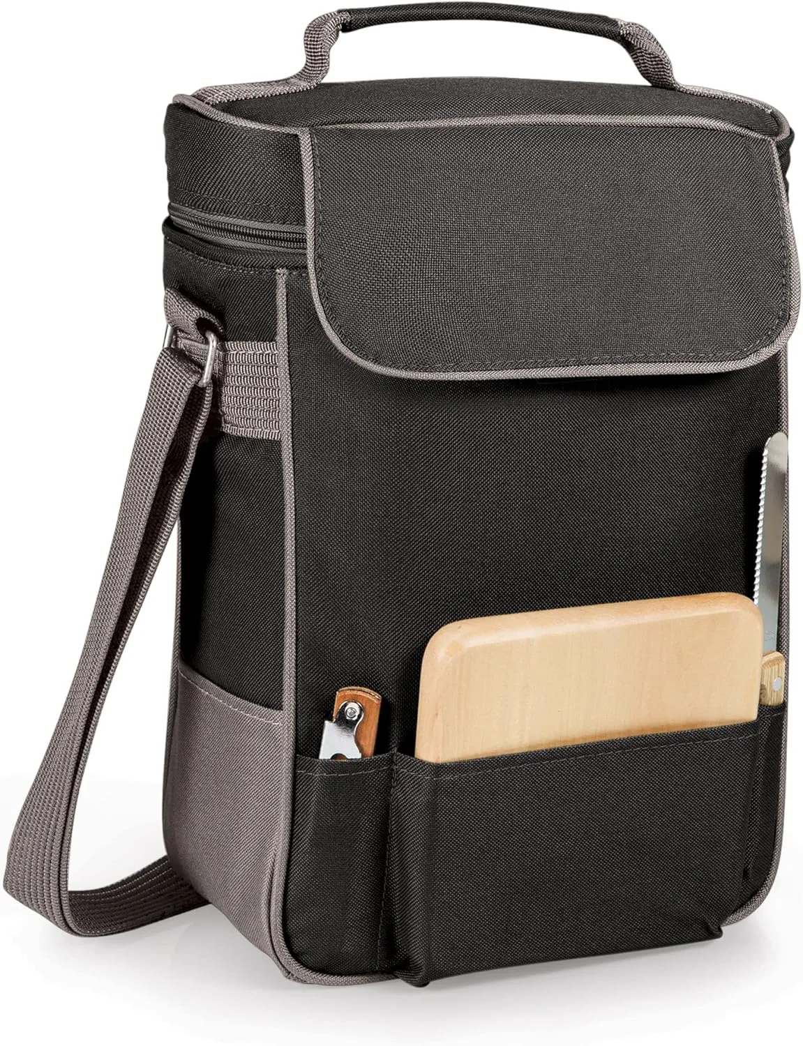LEGACY - a Picnic Time Brand Duet Wine and Cheese Tote, Insulated Bottle Carrier Bag with Wooden Board, (Black with Gray Accents)