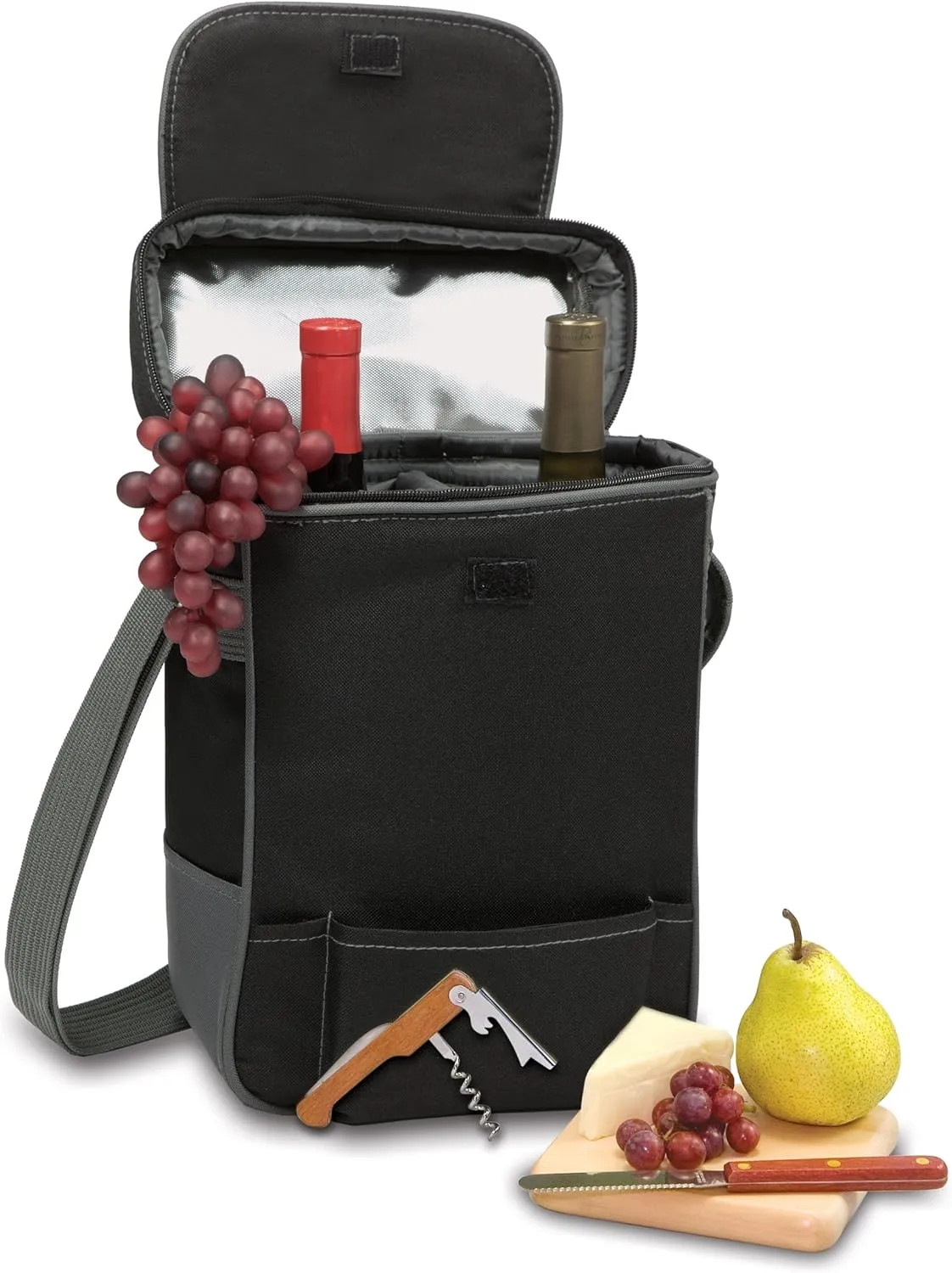 LEGACY - a Picnic Time Brand Duet Wine and Cheese Tote, Insulated Bottle Carrier Bag with Wooden Board, (Black with Gray Accents)