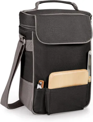 LEGACY - a Picnic Time Brand Duet Wine and Cheese Tote, Insulated Bottle Carrier Bag with Wooden Board, (Black with Gray Accents)