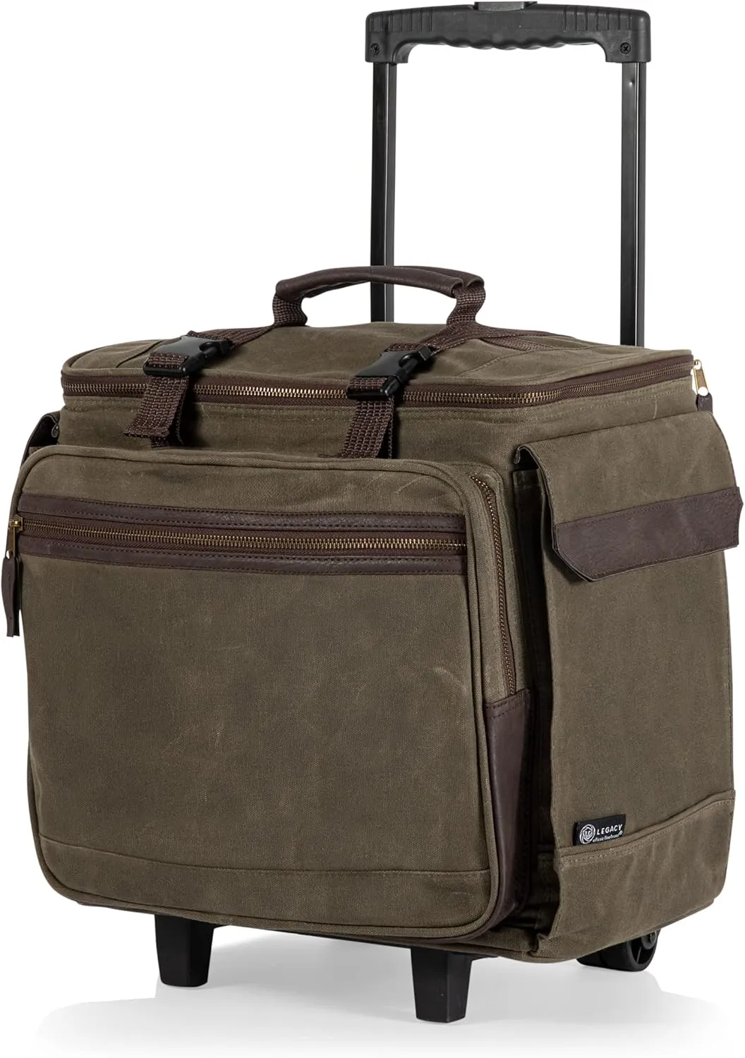 LEGACY - a Picnic Time Brand Somm - 12 Bottle Insulated Waxed Canvas Wine Bag with Rolling Cart, Khaki Green with Brown Accents
