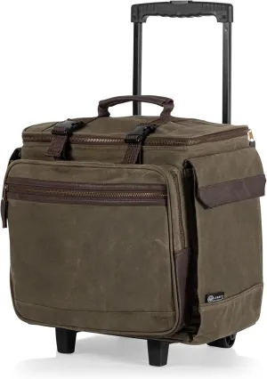 LEGACY - a Picnic Time Brand Somm - 12 Bottle Insulated Waxed Canvas Wine Bag with Rolling Cart, Khaki Green with Brown Accents
