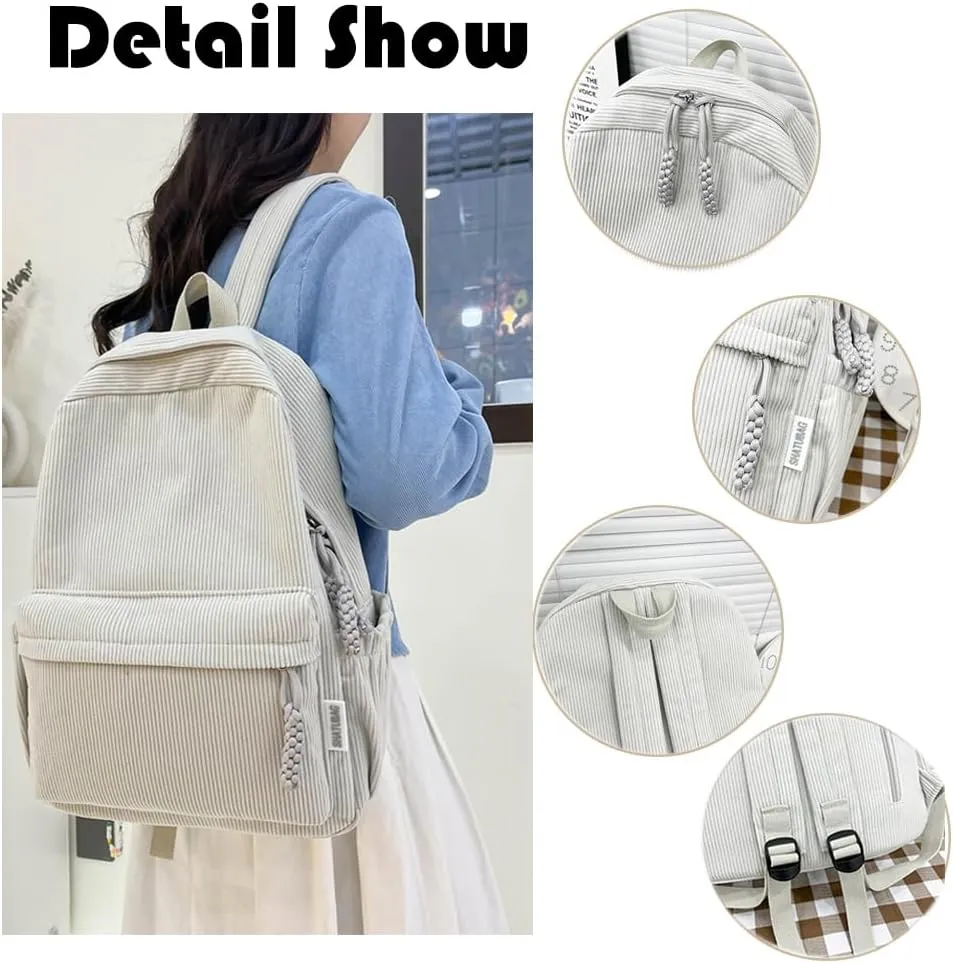 LEMONEYE Cute Corduroy Double - Shoulder Backpack for Women, Lightweight Laptop Bag, Great for Daily & Travel (Beige)