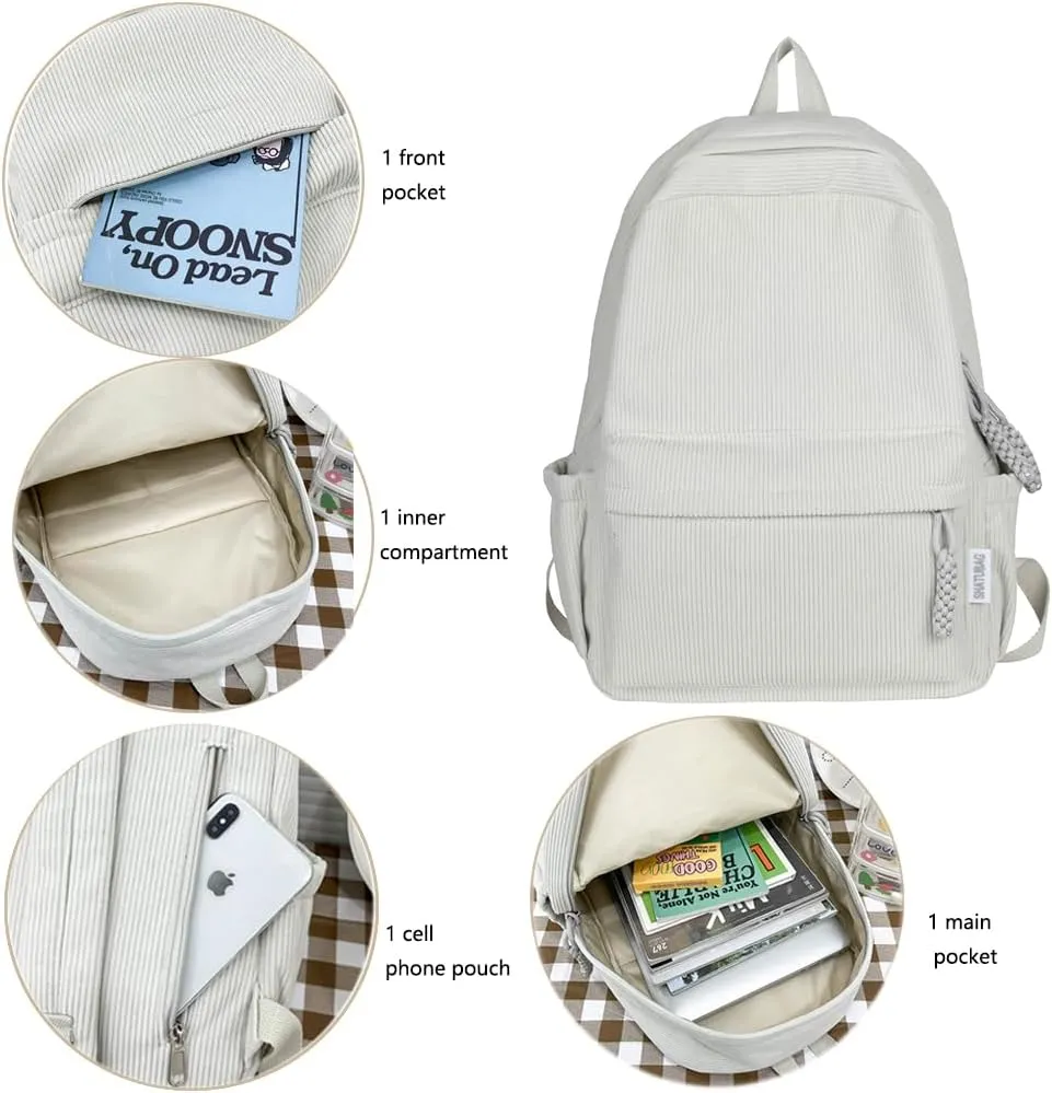 LEMONEYE Cute Corduroy Double - Shoulder Backpack for Women, Lightweight Laptop Bag, Great for Daily & Travel (Beige)