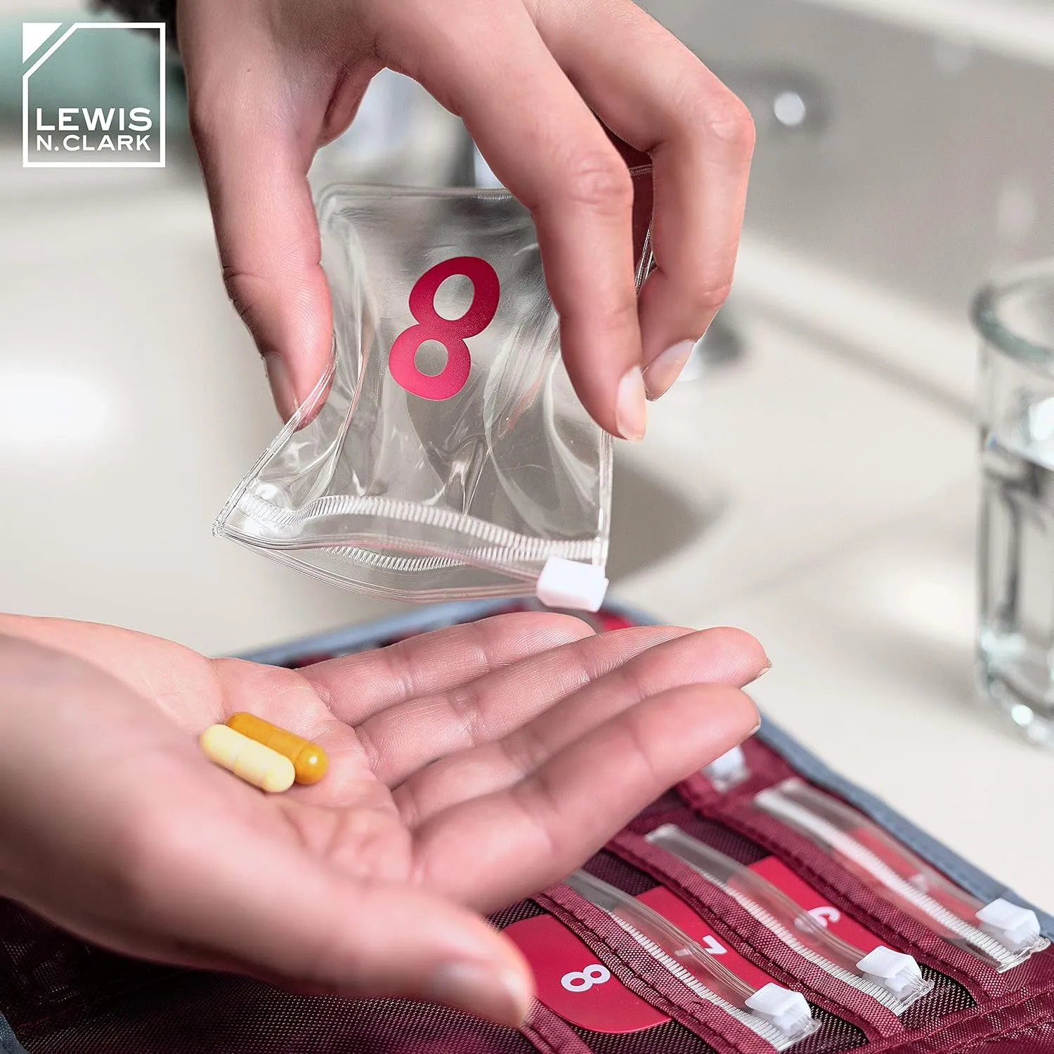 Lewis N. Clark AM/PM Folding Pill Organizer   Supplement Case for OTC Medicine, Prescription   Vitamins - 16 Slot Pouch, Burgundy (800BUR)