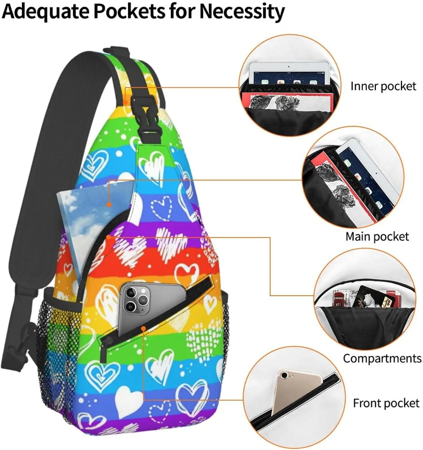 Lgbt Rainbow Hearts Crossbody Sling Bag Adjustable Lgbt Chest Bag For Men Women Rainbow Pride Shoulder Bag Sling Backpack Daypack