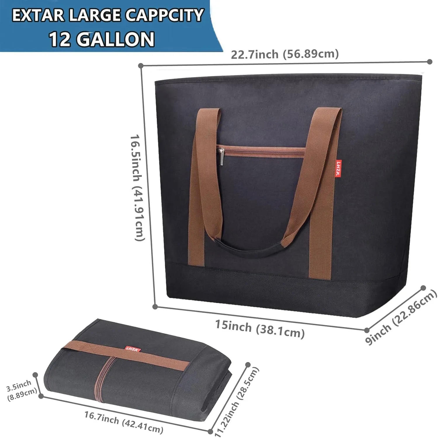 LHZK Jumbo Insulated Cooler Bag with Zipper, Collapsible Leak Proof Insulated Bag with Handles is Perfect for Grocery, Food Delivery, Beach, Picnic, Travel (50L, Black)
