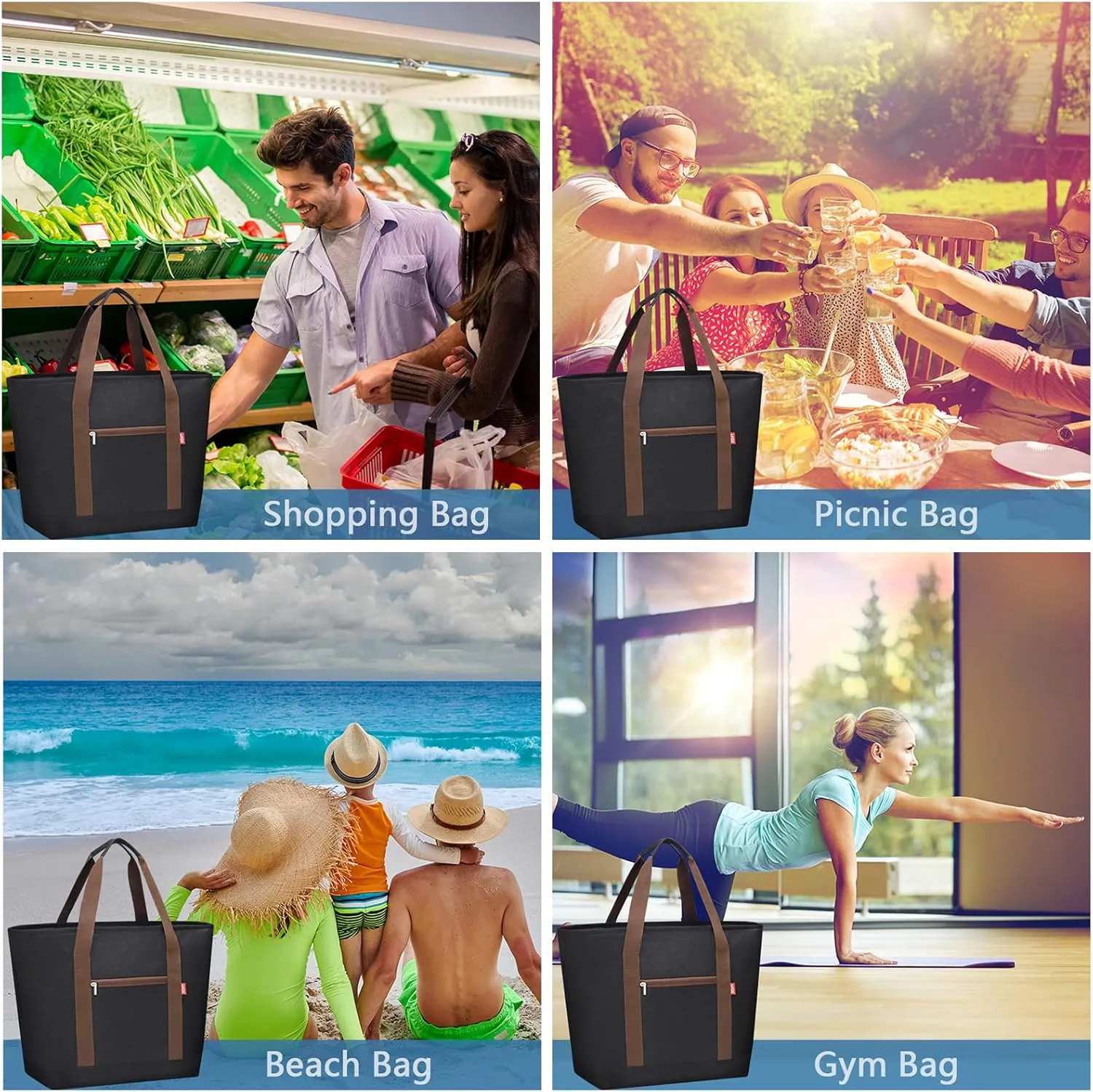LHZK Jumbo Insulated Cooler Bag with Zipper, Collapsible Leak Proof Insulated Bag with Handles is Perfect for Grocery, Food Delivery, Beach, Picnic, Travel (50L, Black)