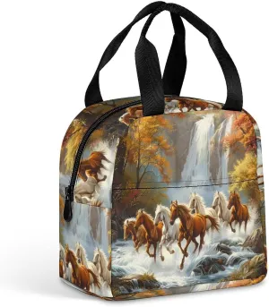 Life Mountain Stream Running Horse Wild Portable Lunch Tote Bag Leakproof Cooler Bag Reusable Lunch Box for Picnic Beach Work