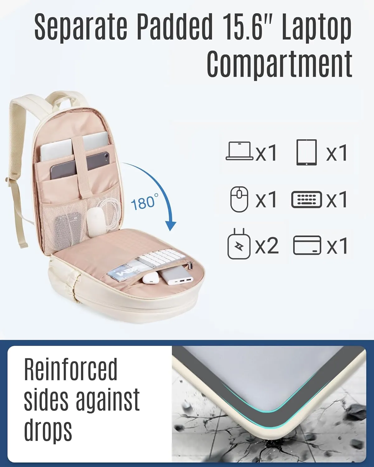 LIGHT FLIGHT College Backpack for Women, Womens 15.6" Laptop Travel Backpack,Water Resistant, Large Capacity, Multi-pockets, Daypack for Work, Casual Computer Bags, Beige