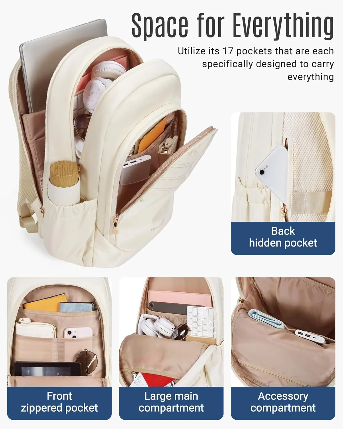 LIGHT FLIGHT College Backpack for Women, Womens 15.6" Laptop Travel Backpack,Water Resistant, Large Capacity, Multi-pockets, Daypack for Work, Casual Computer Bags, Beige