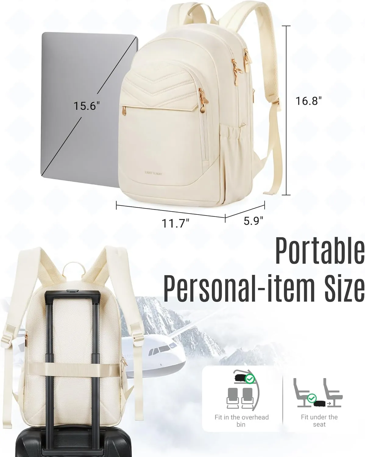 LIGHT FLIGHT College Backpack for Women, Womens 15.6" Laptop Travel Backpack,Water Resistant, Large Capacity, Multi-pockets, Daypack for Work, Casual Computer Bags, Beige