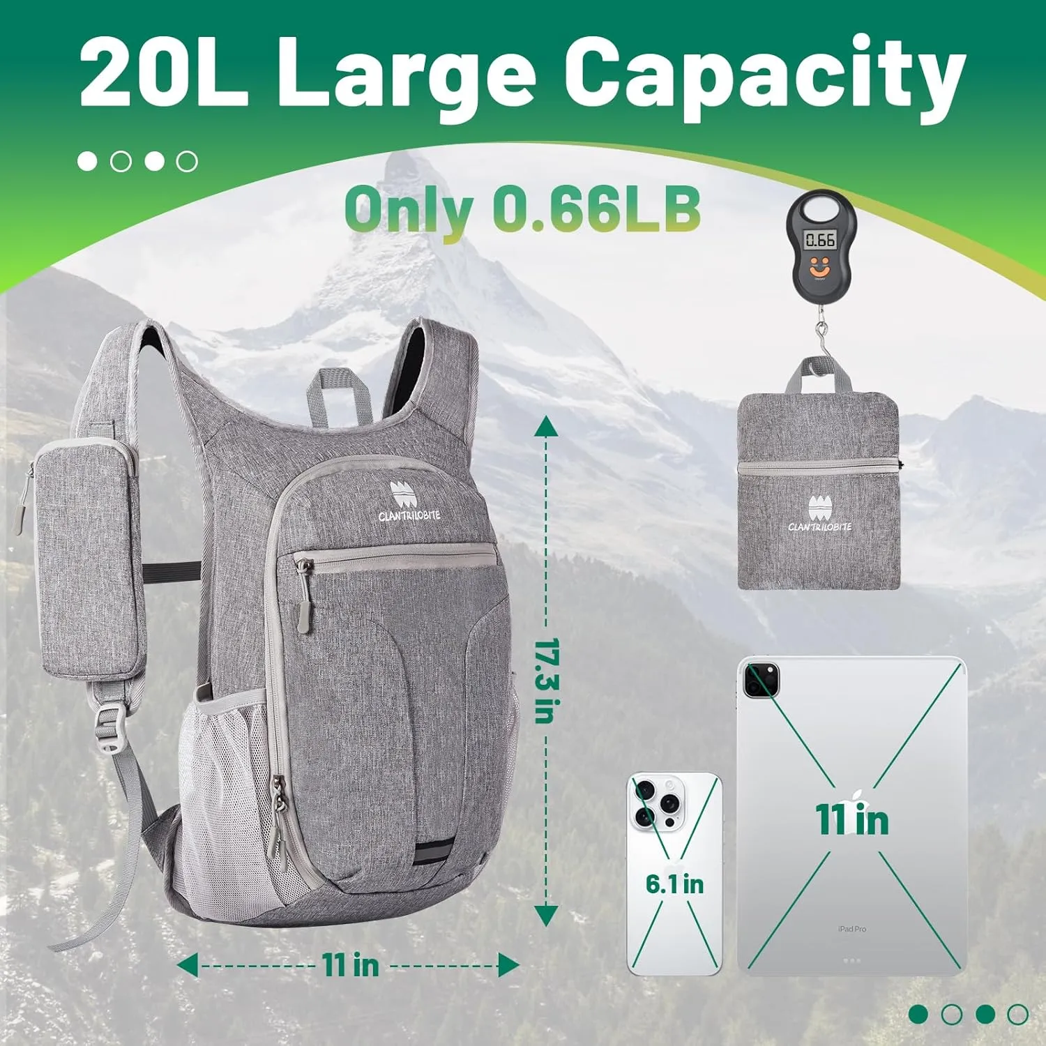 Lightweight Packable Backpack for Women Men - 20L Small Waterproof Foldable Daypack for Travel, Hiking, and Daily Use, Adjustable Chest Strap Multiple Pockets, Gray