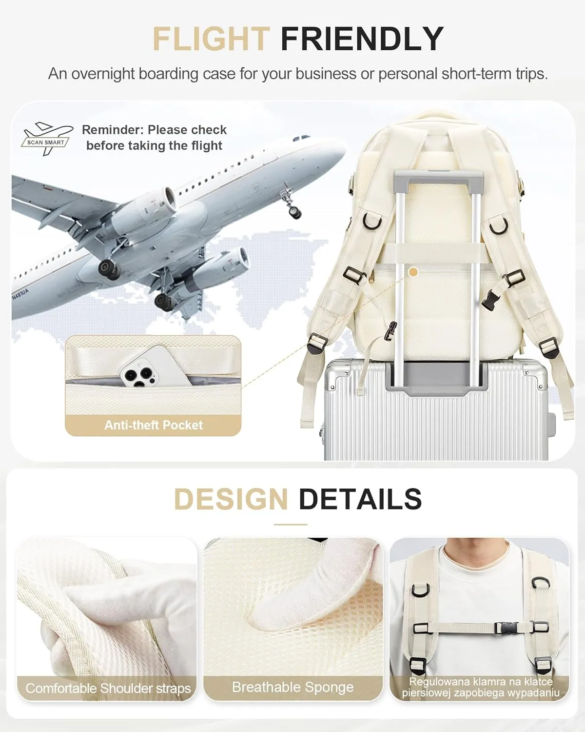 Lightweight Travel Backpack For Women Men Carry On Backpack Flight Approved Travel Bag Personal Item Waterproof Luggage Backpack With Shoe & Laptop Compartment(Beige)